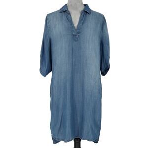 Philosophy Dress Womens Large Blue Chambray Henley Roll Tab Sleeves Coastal